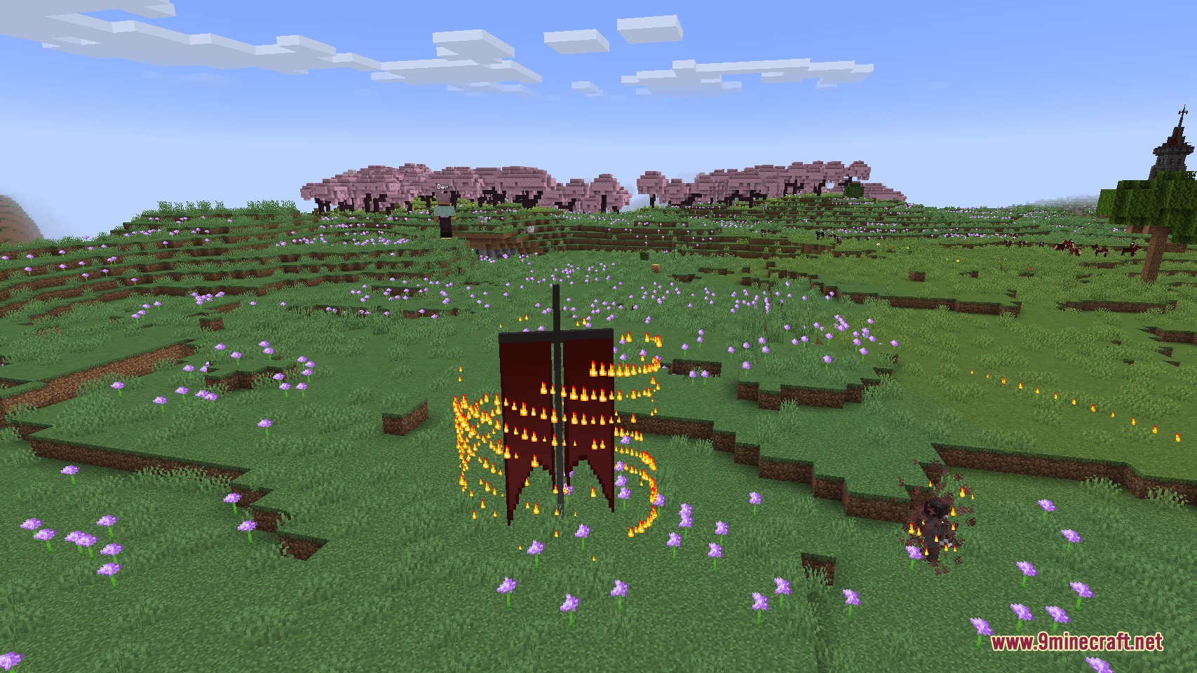 LOTM Craft Mod Screenshot 8 A dark red banner with a sword is surrounded by swirling fire particles