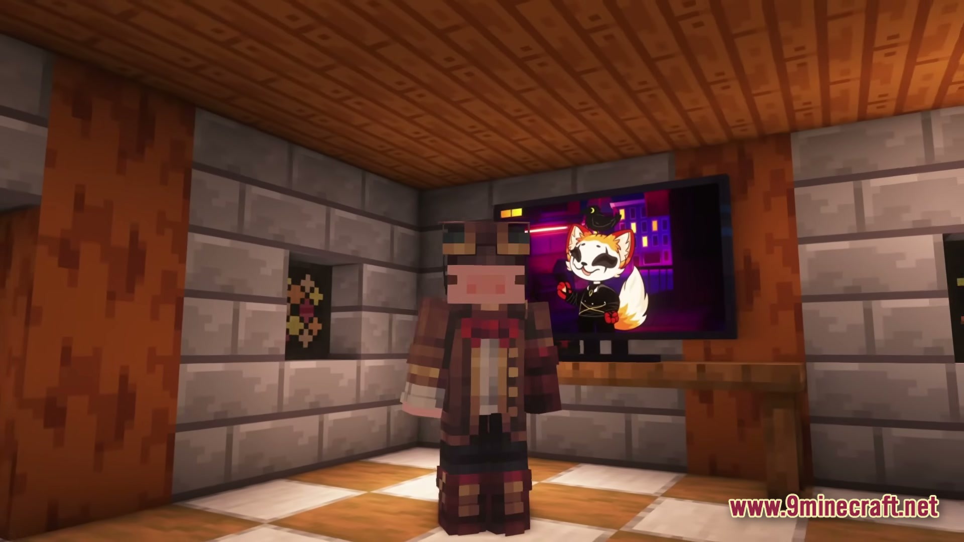 LOVERNITE ADVENTURE 1 Modpack Screenshot 2 A player character stands in a stone room featuring a television displaying a cartoon fox