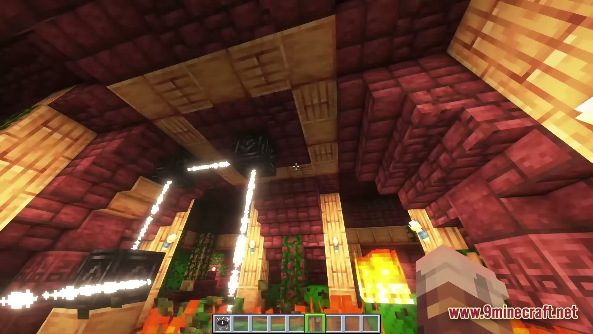 LOVERNITE ADVENTURE 1 Modpack Screenshot 6 A first-person view of a Nether-themed interior featuring red bricks, wooden pillars, and glowing particles