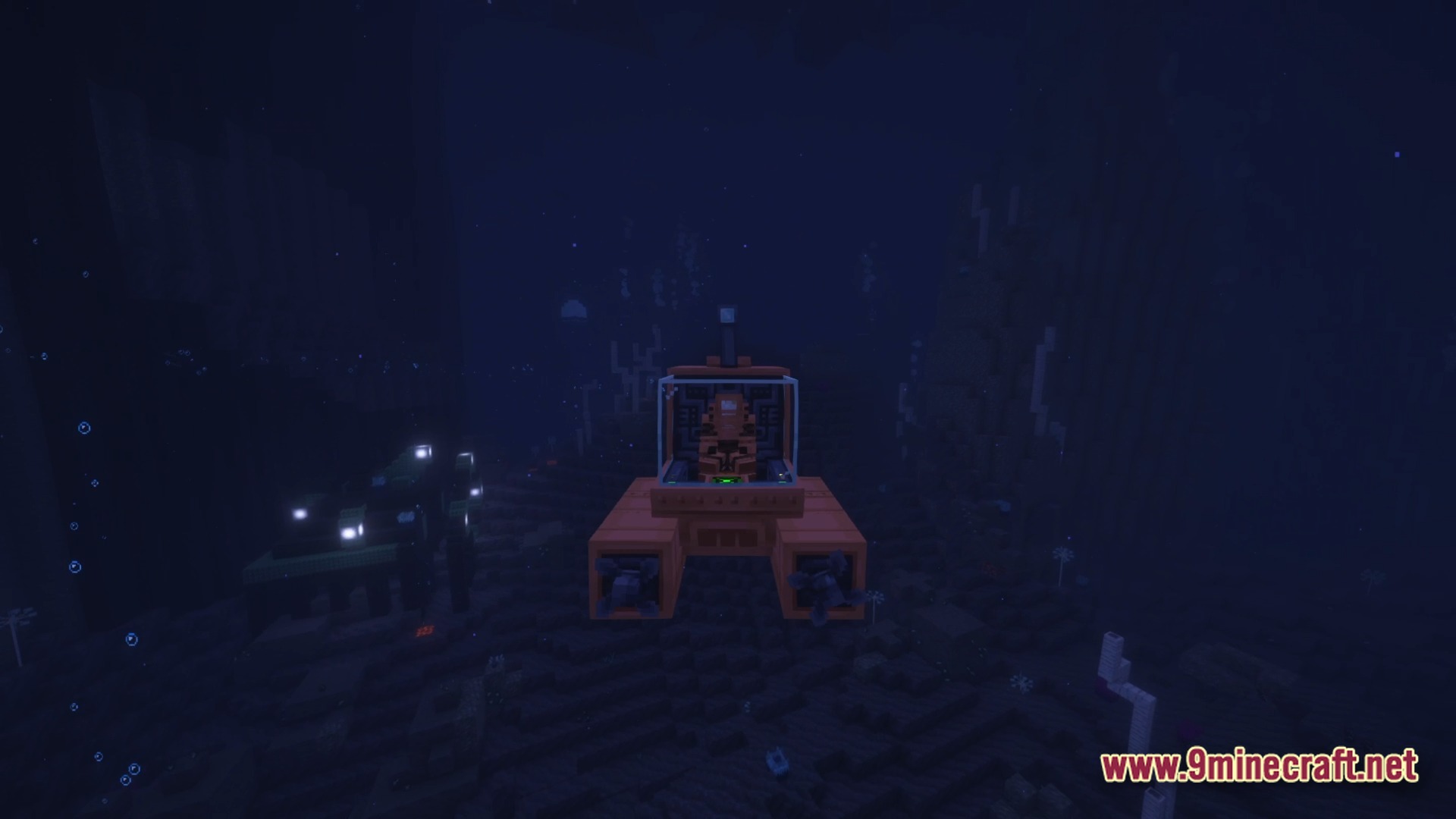 LOVERNITE ADVENTURE 1 Modpack Screenshot 7 An orange submarine vehicle explores a dark underwater biome near glowing structures and coral