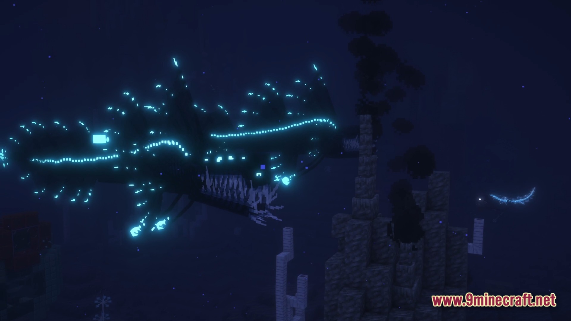 LOVERNITE ADVENTURE 1 Modpack Screenshot 8 A massive bioluminescent sea creature swims through a dark underwater environment near stone structures