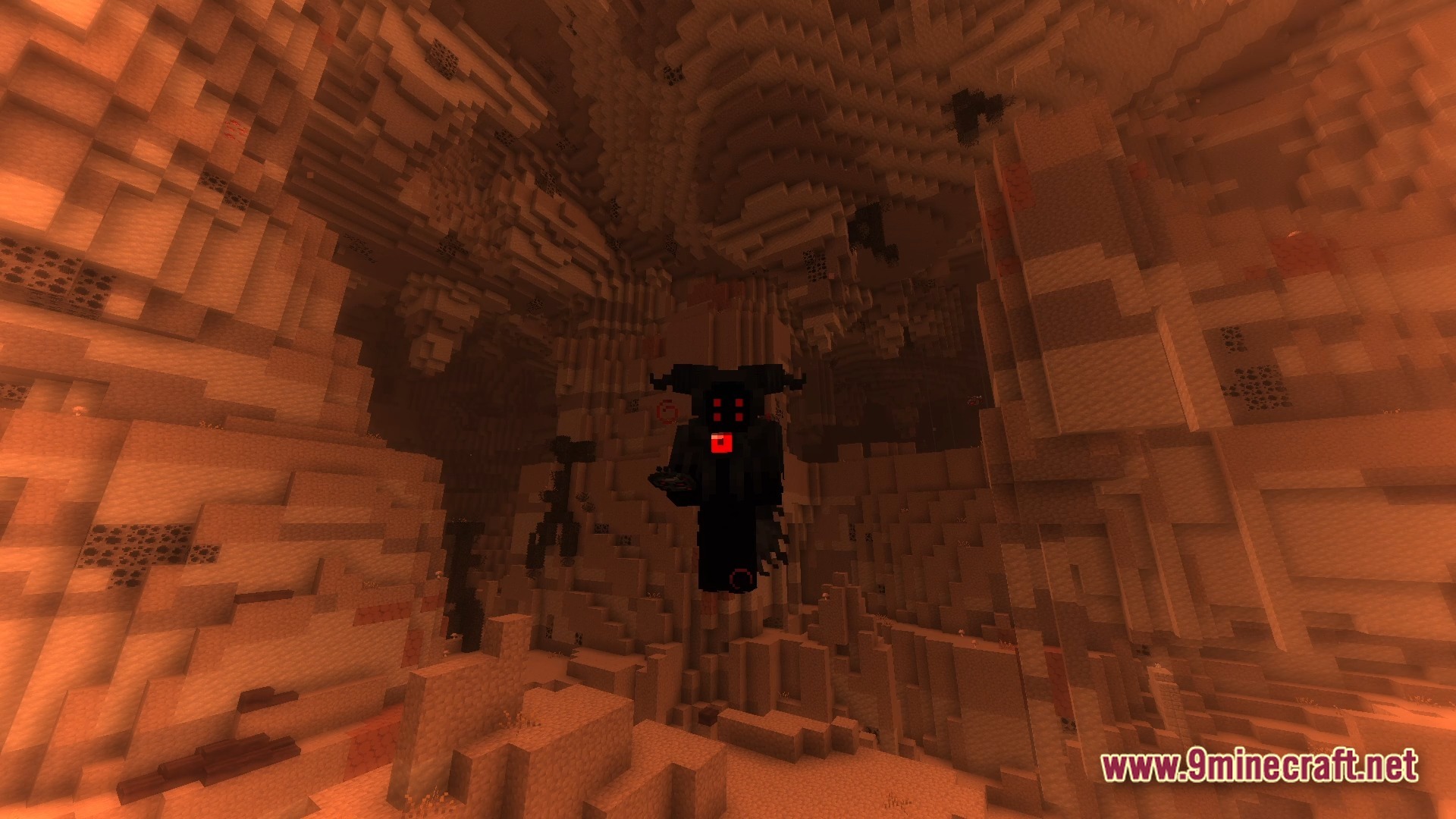 LOVERNITE ADVENTURE 1 Modpack Screenshot 9 A dark, horned figure with glowing red eyes floats within a vast, orange-tinted underground cavern