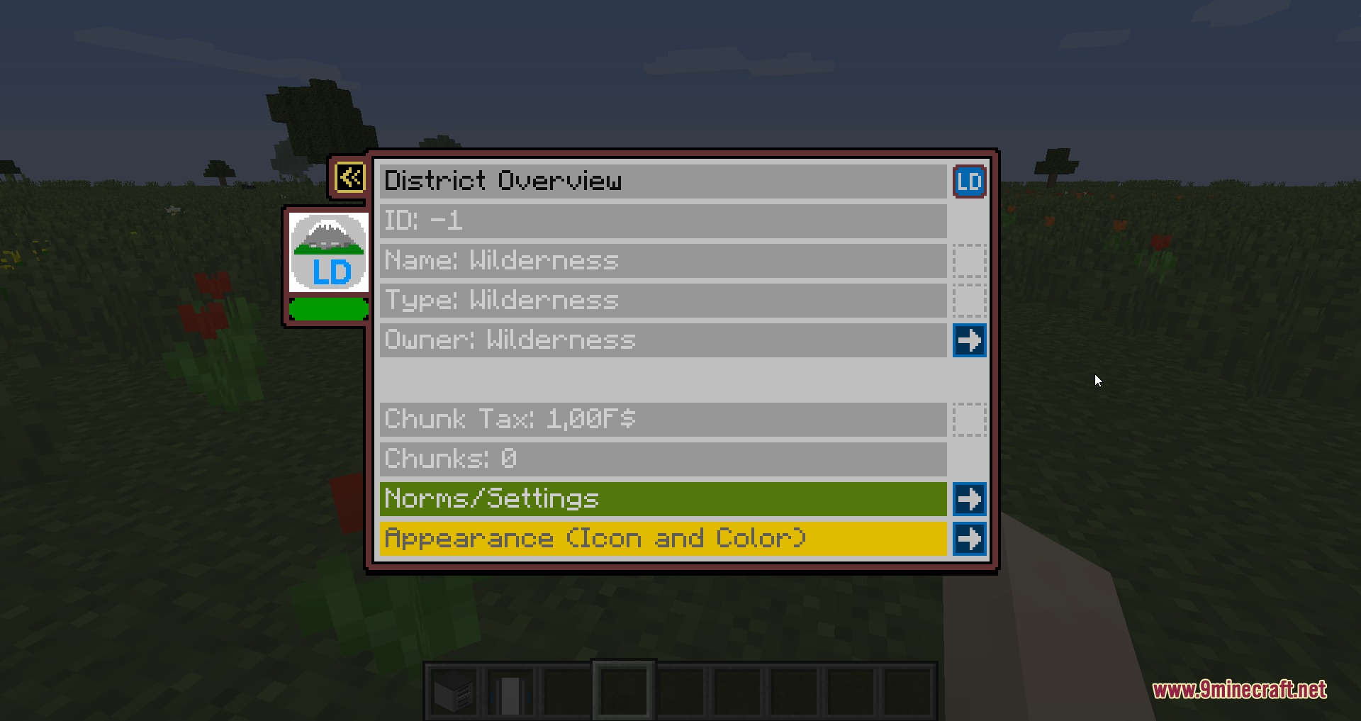 Land Developer Mod Screenshot 1 Minecraft interface displaying district details and settings for land protection