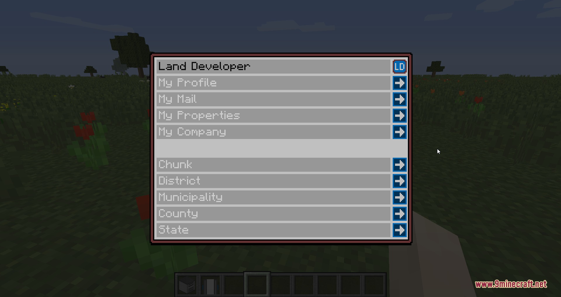 Land Developer Mod Screenshot 2 Land Developer menu screen listing options for managing properties and territory