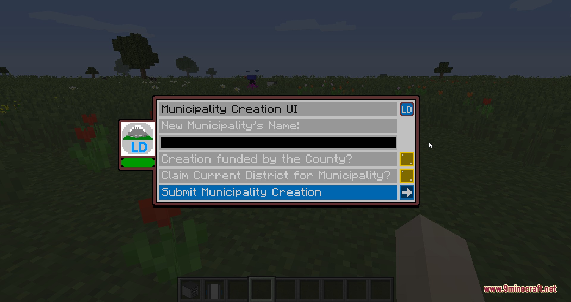 Land Developer Mod Screenshot 4 A custom UI for naming and establishing a new municipality in Minecraft
