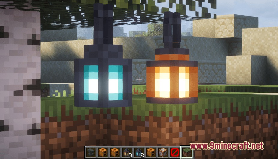 Two detailed 3D lanterns hanging from a birch tree in Minecraft