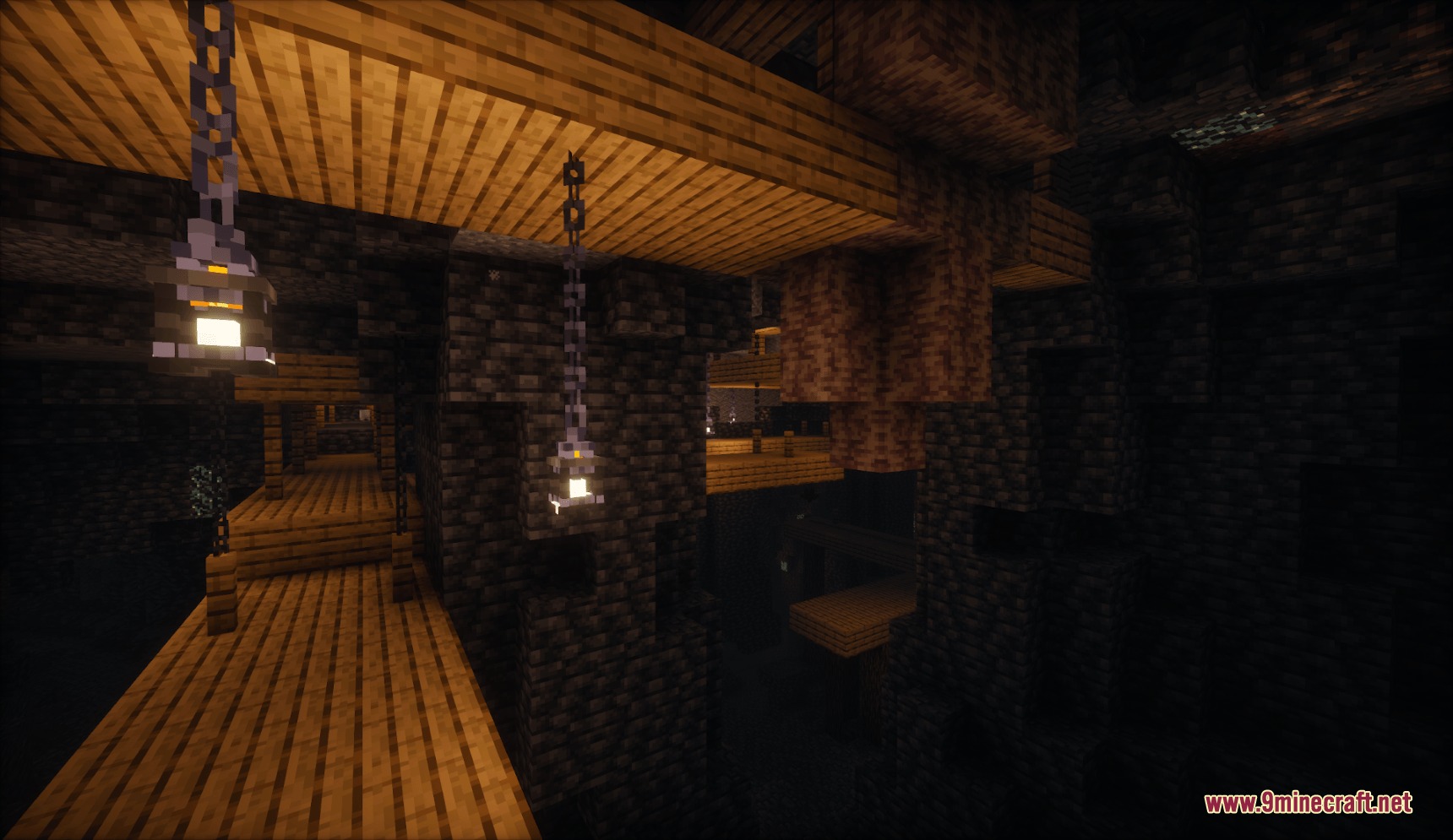 Lanterns with Candles Resource Pack Screenshot 1 Cozy candle lanterns hanging from chains illuminate a dark underground wooden structure
