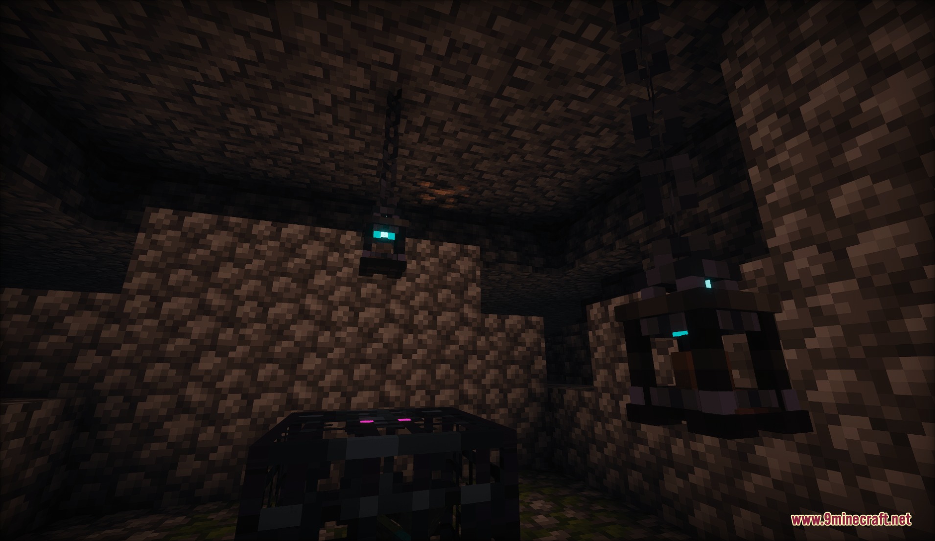 Lanterns with Candles Resource Pack Screenshot 3 Soul lanterns hanging from chains in a dark room with a monster spawner