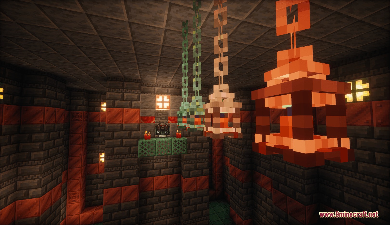 Lanterns with Candles Resource Pack Screenshot 5 Hanging lanterns with glowing candles and molten copper inside a dark trial chamber