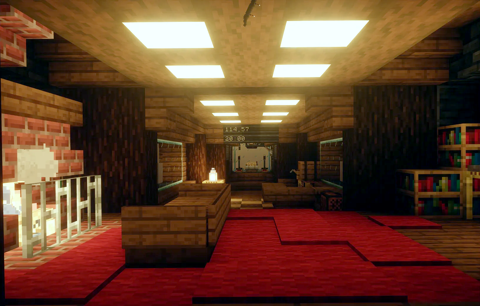 Cozy interior of a large airship featuring a fireplace and red carpet