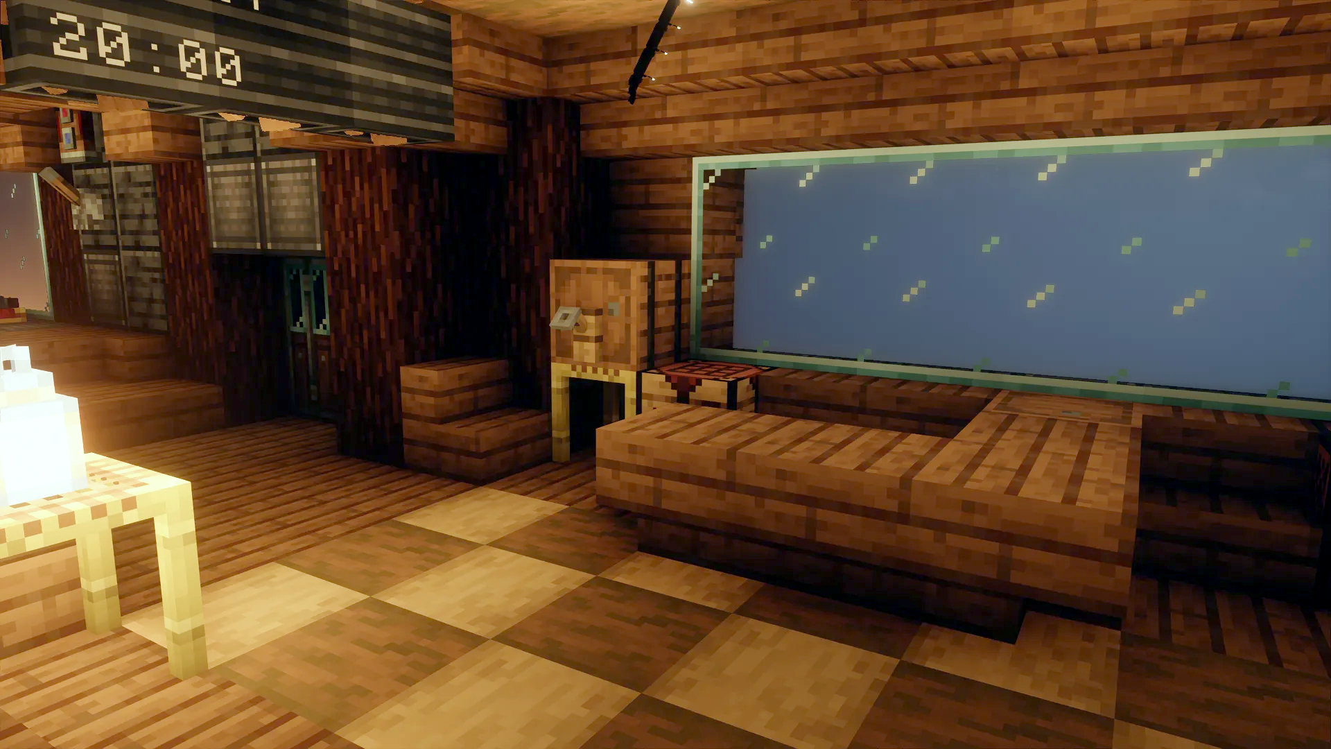 Checkered floor and wooden furniture near a window inside the room