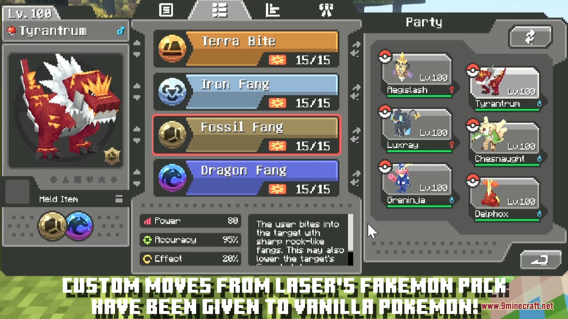 Laser's Additions Cobblemon Resource Pack Screenshot 1 Tyrantrum displaying custom bite moves in the Cobblemon move selection menu