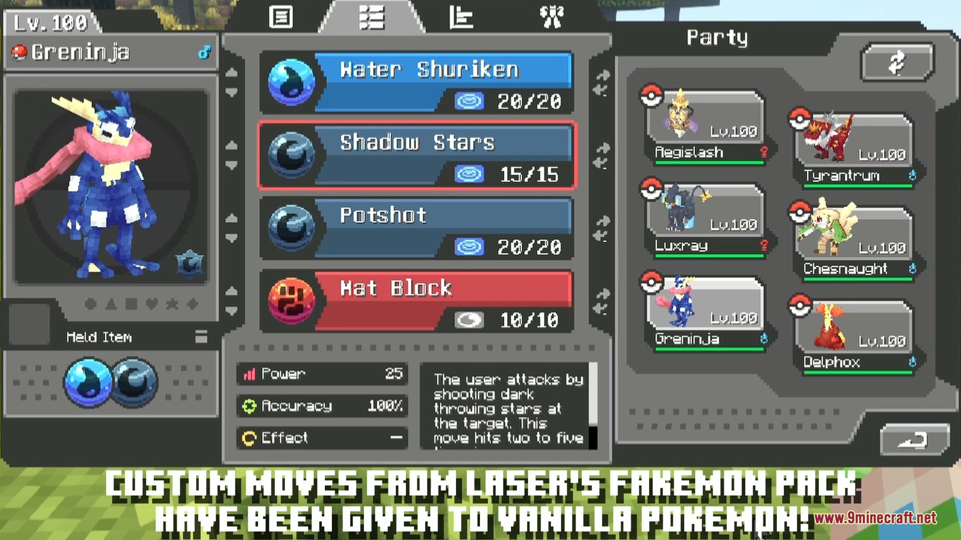 Laser's Additions Cobblemon Resource Pack Screenshot 3 Player viewing Greninja status screen with custom moves from Lasers Additions pack