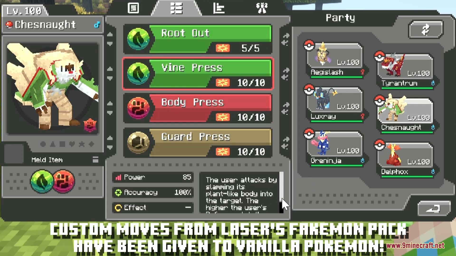 Laser's Additions Cobblemon Resource Pack Screenshot 4 Chesnaught status screen displaying new custom grass and fighting type moves