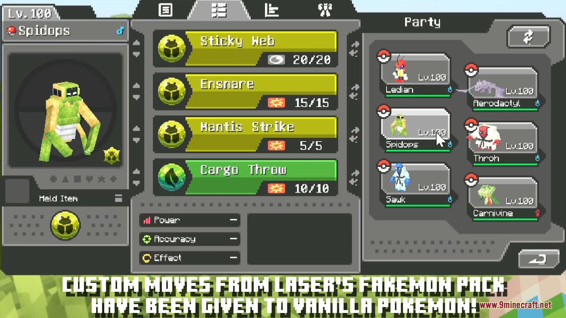 Laser's Additions Cobblemon Resource Pack Screenshot 6 Cobblemon menu displaying custom moves for a level one hundred Spidops
