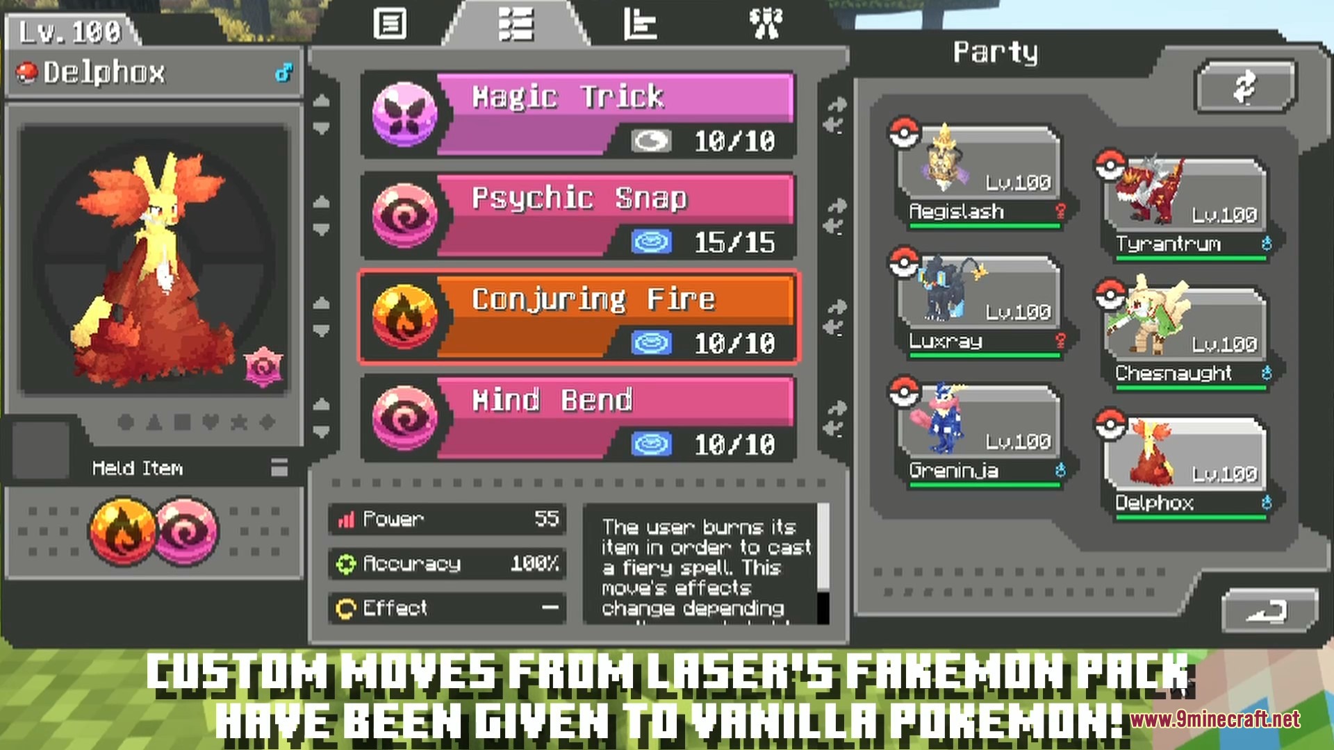 Laser's Additions Cobblemon Resource Pack Screenshot 7 Cobblemon menu showing custom moves from Lasers Additions pack for a Delphox