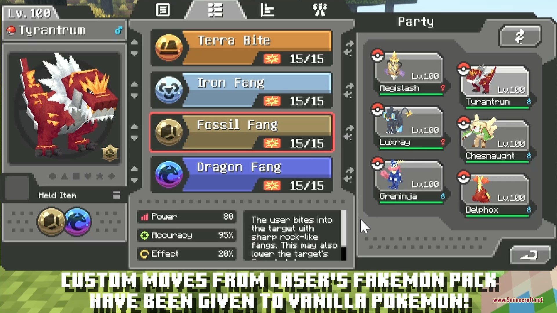 Laser's Additions Data Pack Screenshot 1 Tyrantrum displaying custom moves from Laser Additions in a detailed Pokemon menu