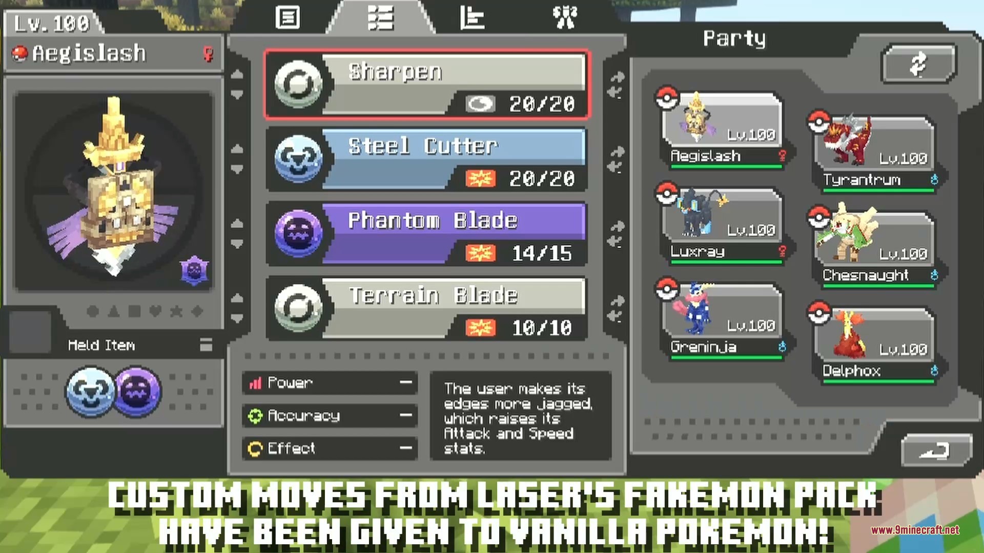 Laser's Additions Data Pack Screenshot 2 Aegislash showing custom moves like Phantom Blade in a detailed battle interface