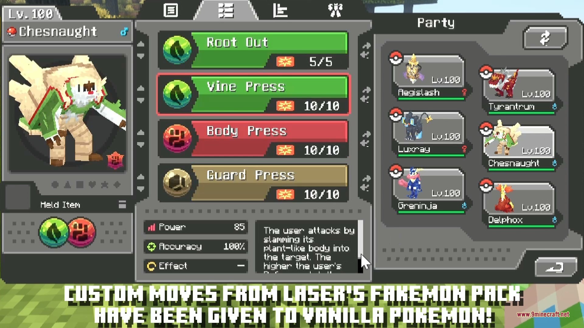 Laser's Additions Data Pack Screenshot 4 Chesnaught displaying new grass and fighting moves in the pokemon party screen