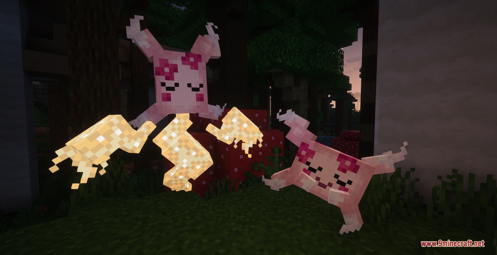 Two pink flower creatures from the Fakemon Pack in a dark forest