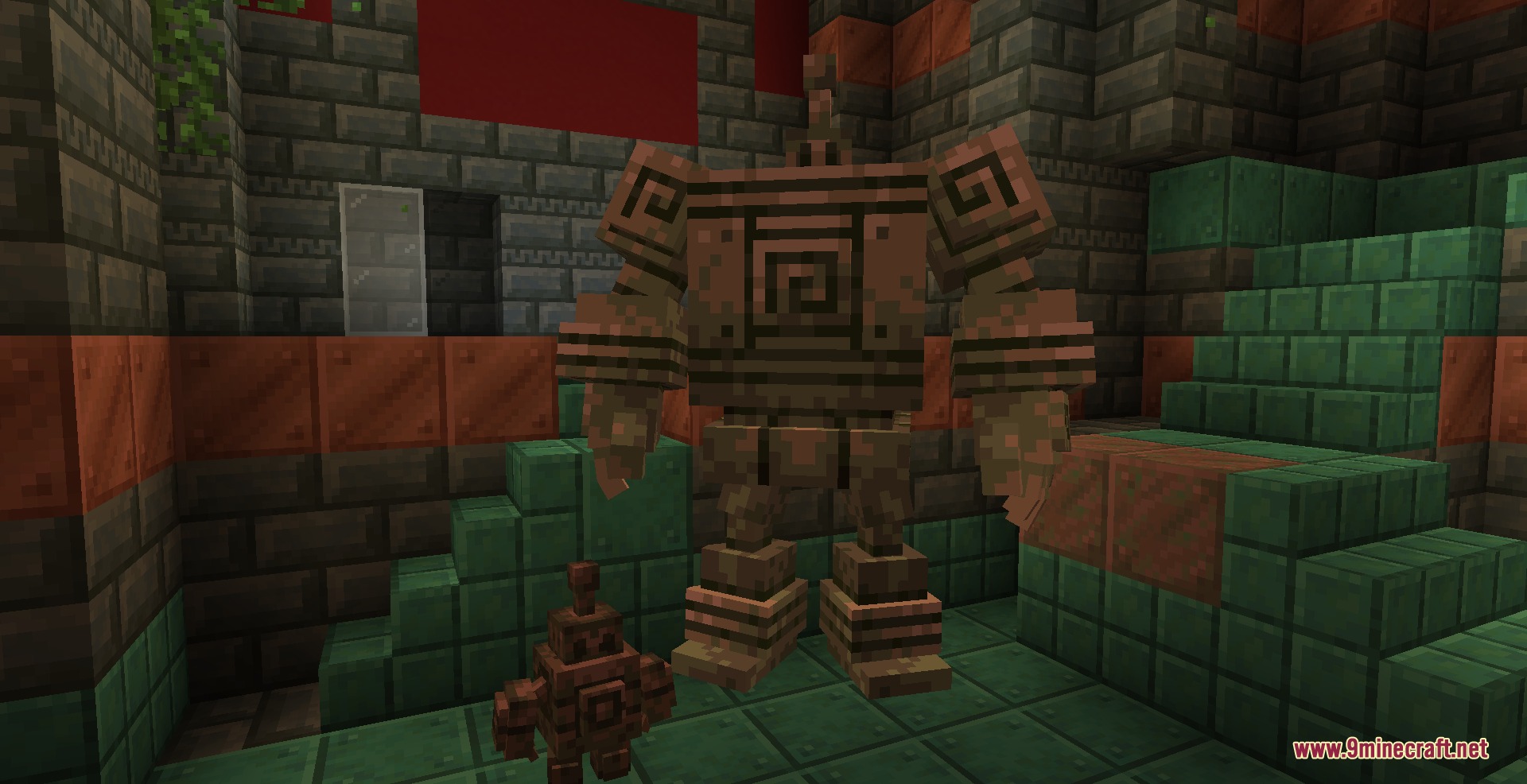 A large copper golem and a small copper golem in a room