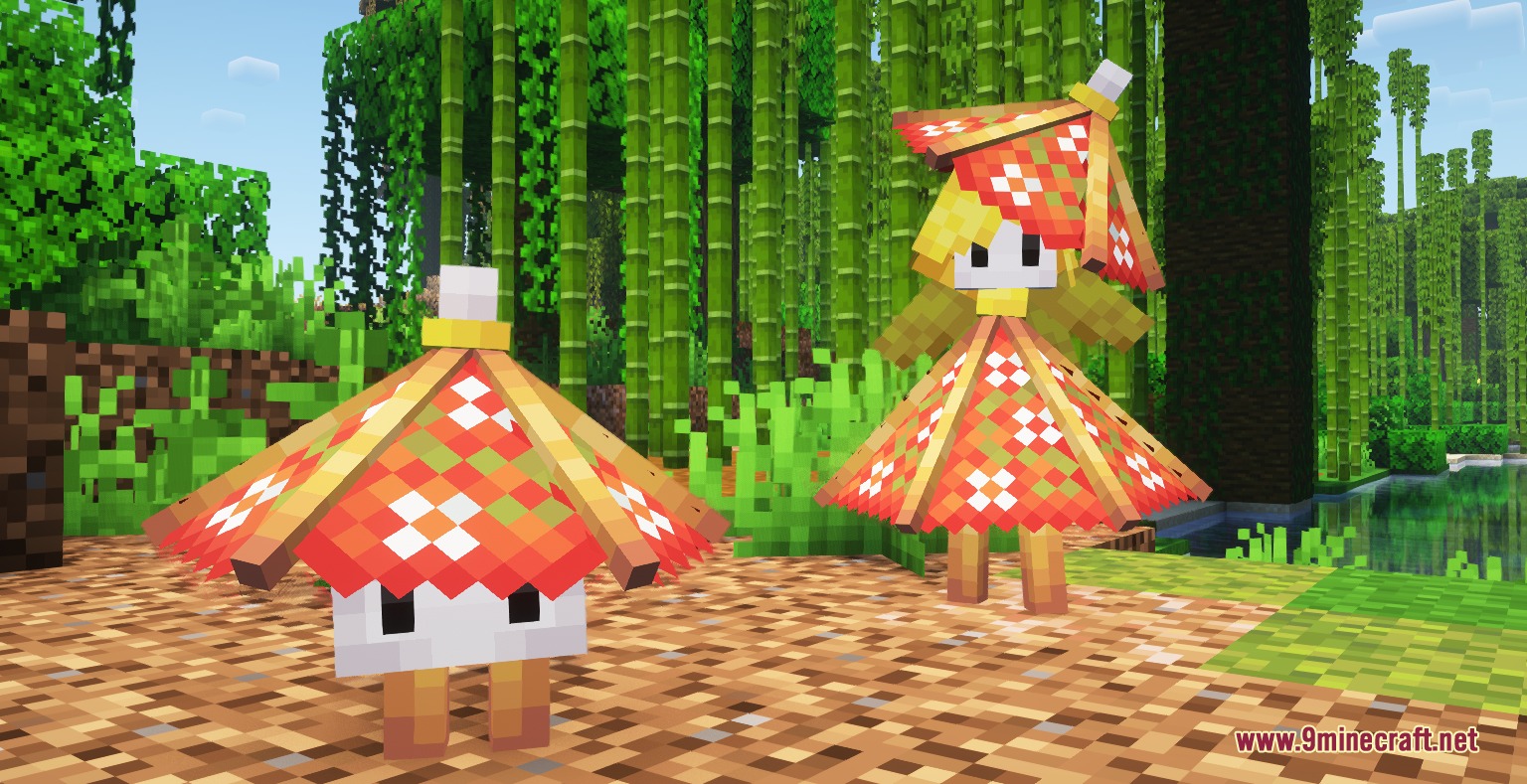 Two unique creatures with umbrella hats standing in a dense bamboo forest