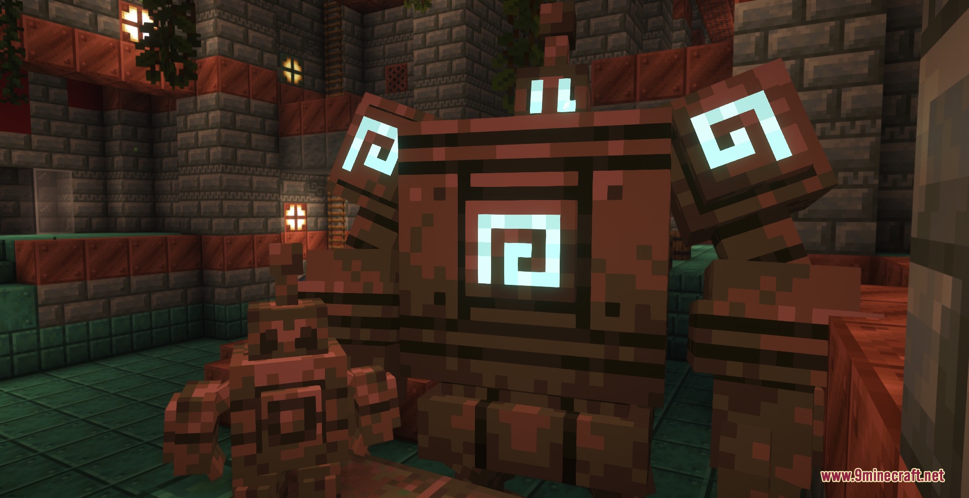 Large and small copper golems with glowing blue symbols in a dungeon