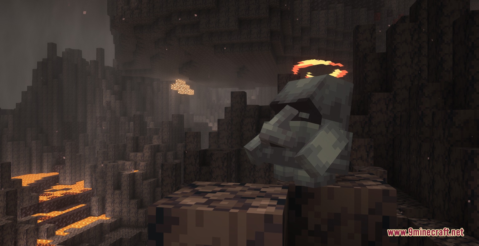 A grey stone creature with a glowing halo in a dark basalt cave