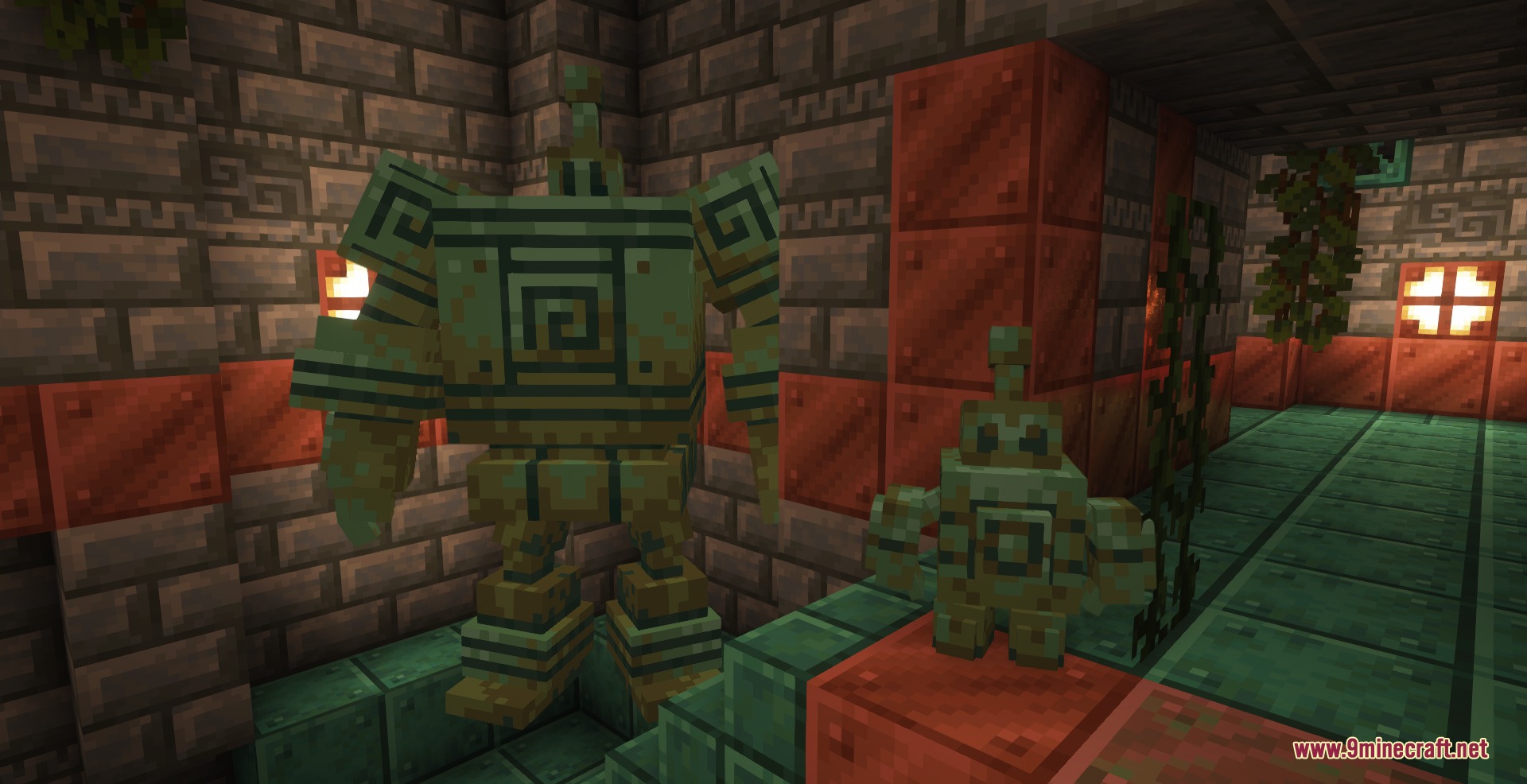 Two copper golems stand together in a room built with copper blocks