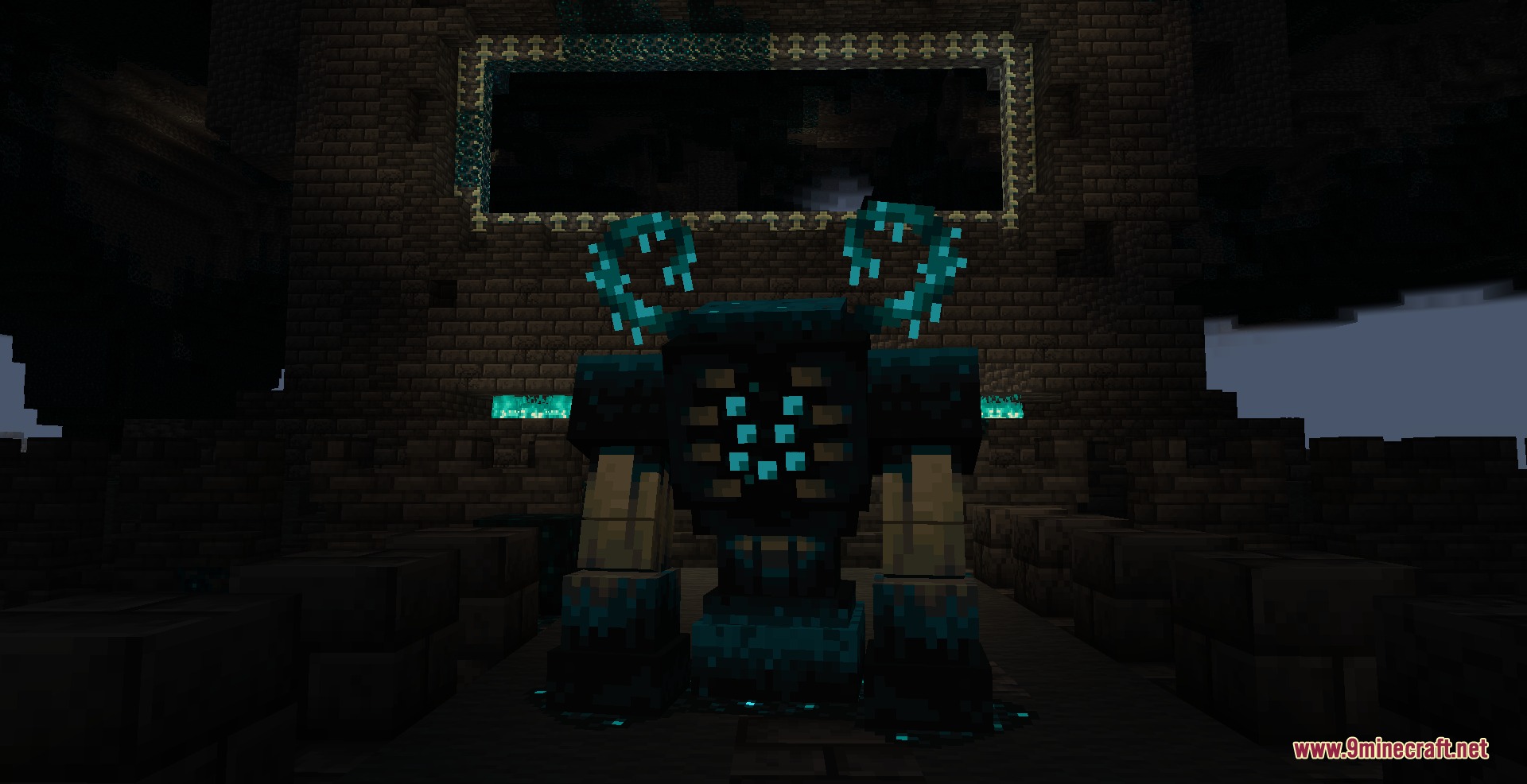 A large mechanical creature with glowing teal accents standing before a portal