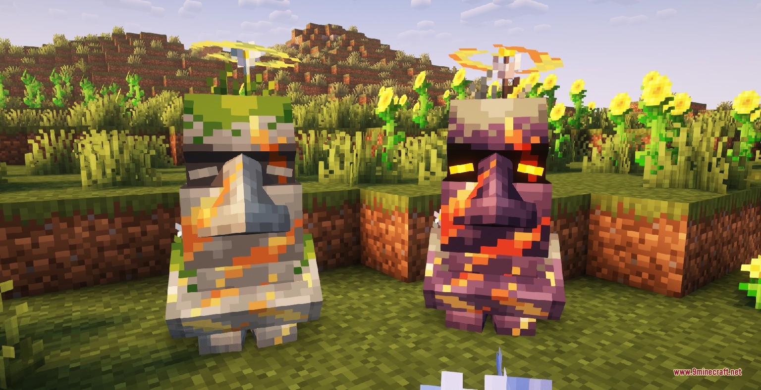 Laser's Fakemon Pack Data Pack Screenshot 10 Two stone Moai creatures standing in a sunny field of sunflowers