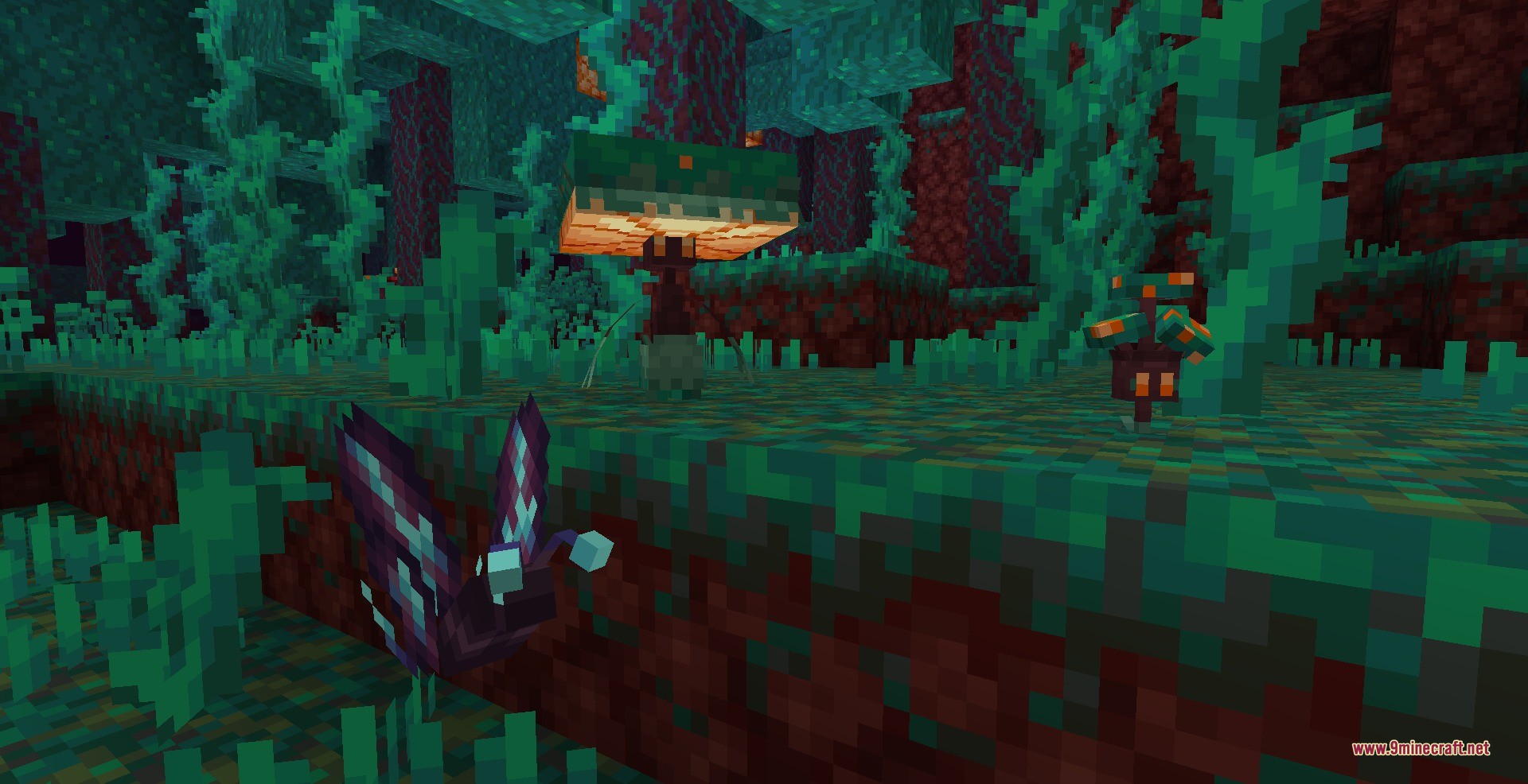 Laser's Fakemon Pack Data Pack Screenshot 9 A purple butterfly creature flying through a teal warped forest biome