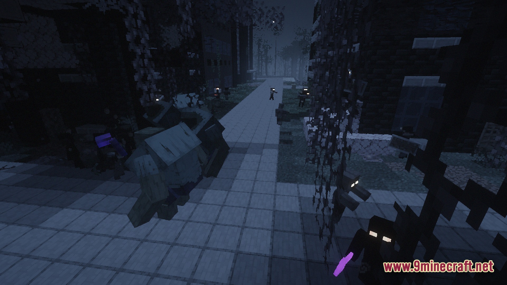 Hostile mobs with glowing eyes wander through a dark, overgrown urban street at night