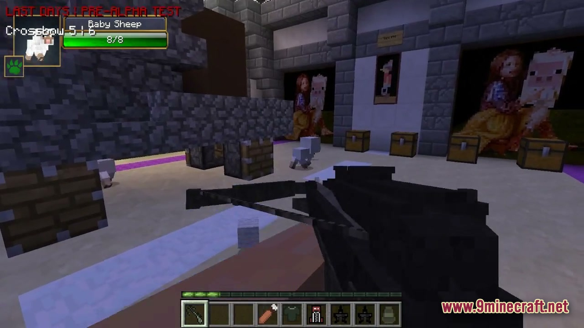 A player holds a crossbow while aiming at a baby sheep inside a stone building