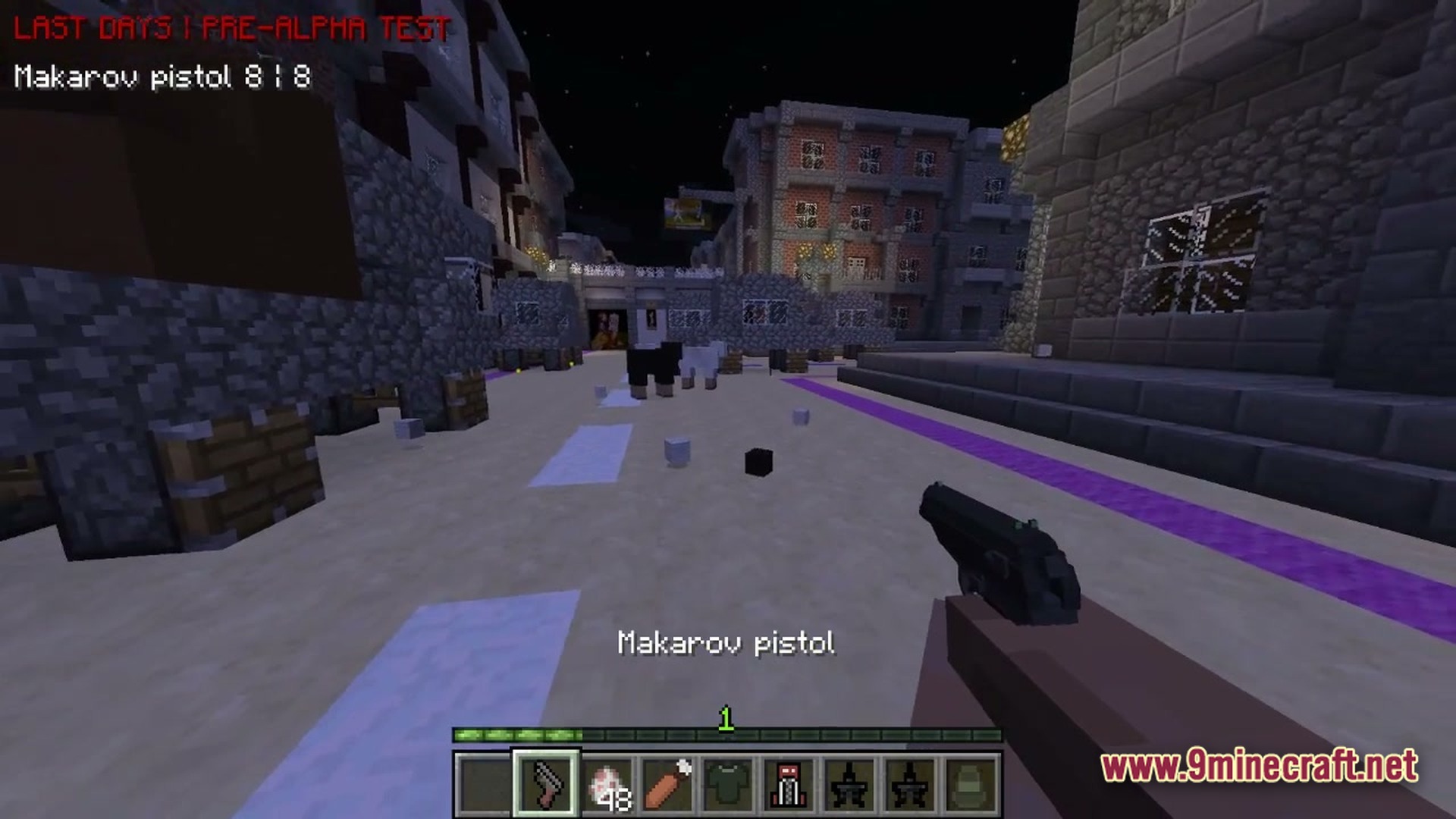 A player holds a Makarov pistol in a first-person view within a custom urban Minecraft environment