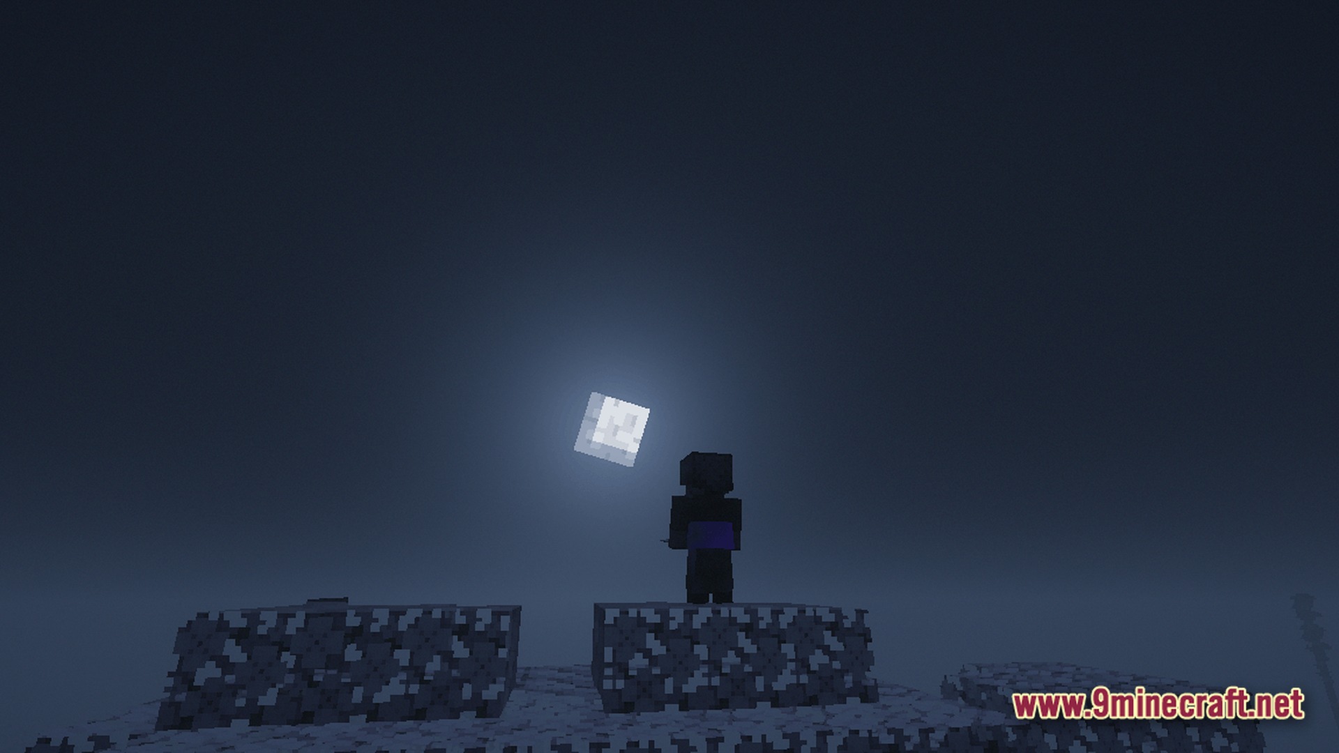 A player character stands on stone blocks under a square moon in a dark, foggy environment