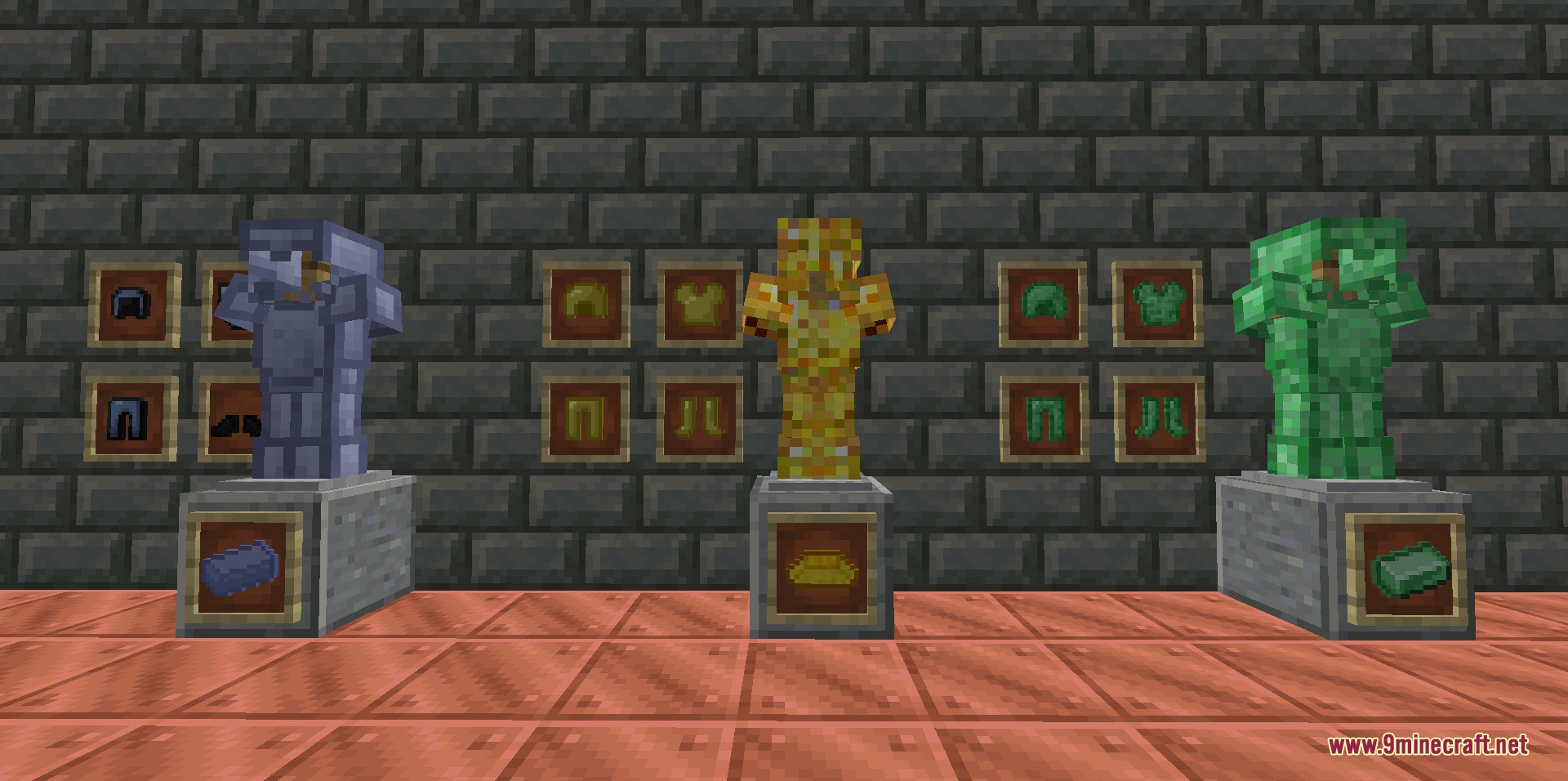Latawoo's Extra Tools Ores and Weapons Mod Screenshot 1 Three armor stands showcasing armor sets from Latawoo Extra Tools Ores and Weapons
