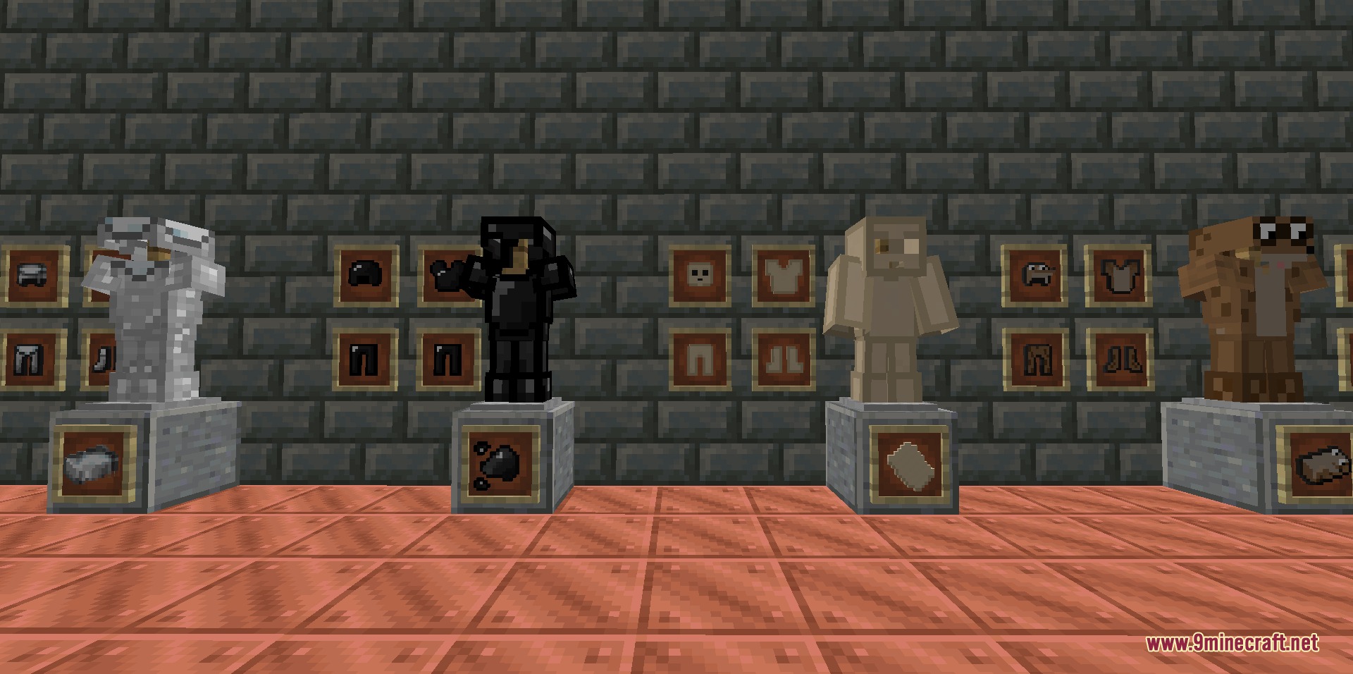 Latawoo's Extra Tools Ores and Weapons Mod Screenshot 2 Four armor stands displaying silver black white and brown clay armor sets