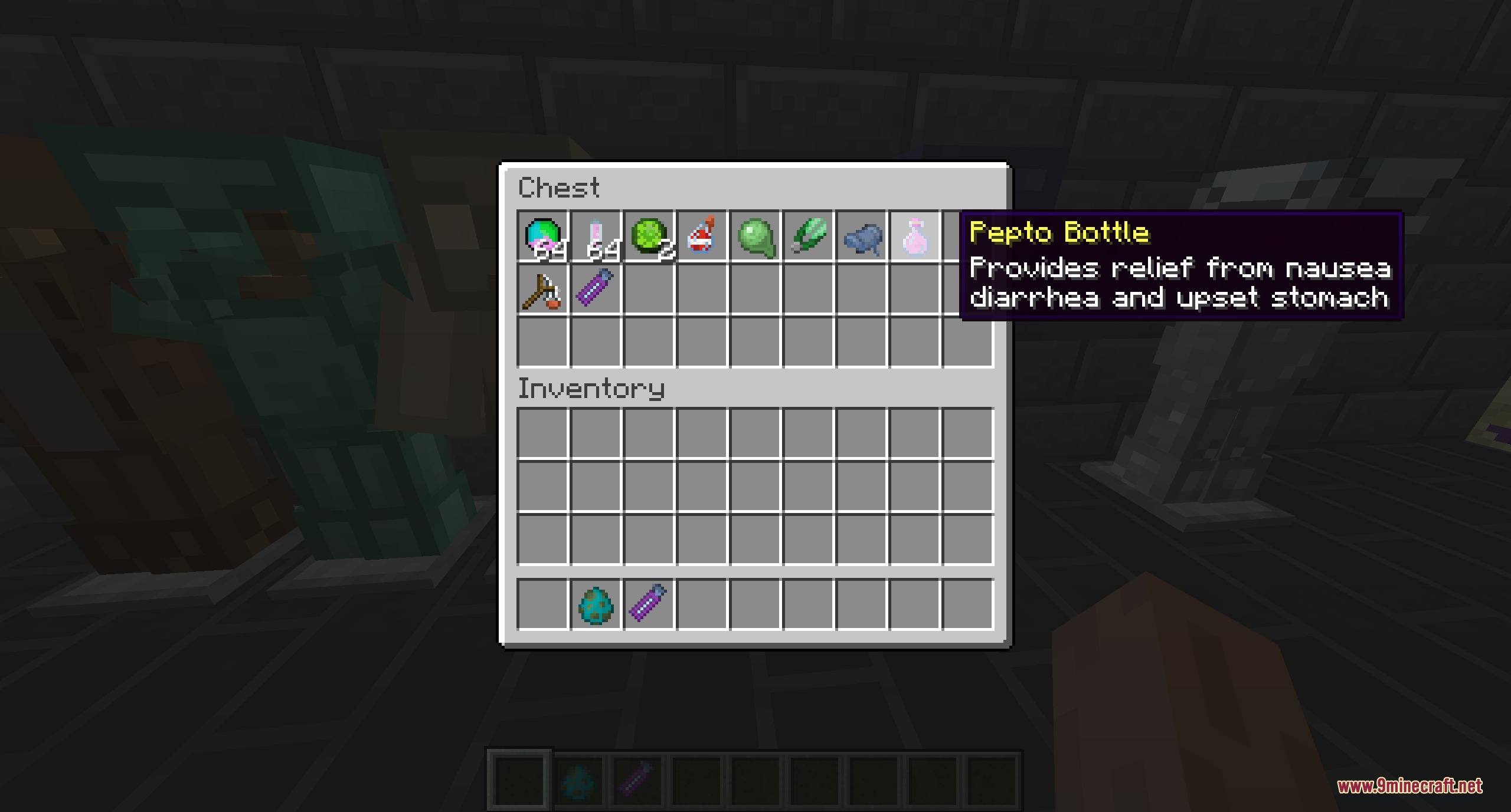 Latawoo's Extra Tools Ores and Weapons Mod Screenshot 8 A chest containing custom items including a Pepto Bottle for nausea relief