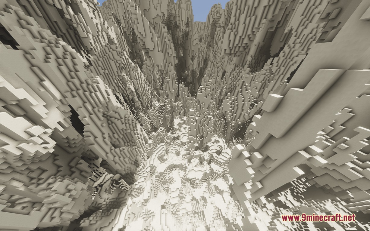 Latex Caves Mod Screenshot 1 A vast canyon filled with jagged white terrain in the Latex Caves dimension