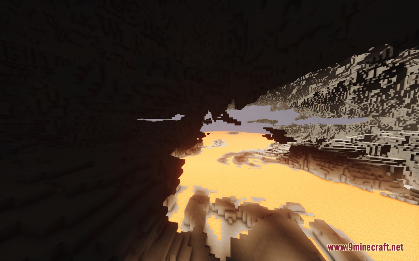 Latex Caves Mod Screenshot 6 A view from a dark cave overlooking a vast glowing orange latex landscape