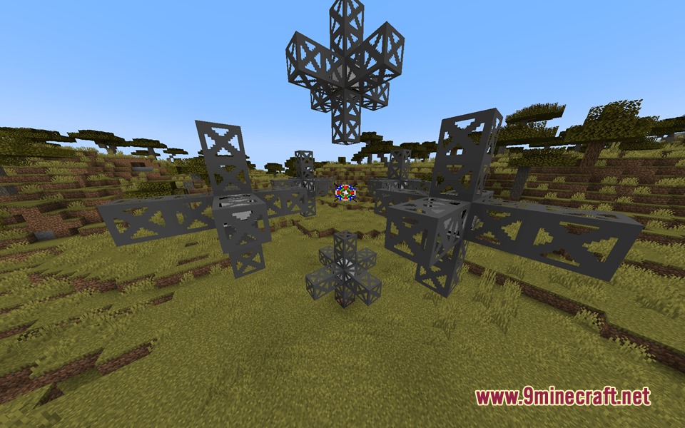 Latex Caves Mod Screenshot 7 A large multi-block Time Machine structure built in a grassy savanna biome