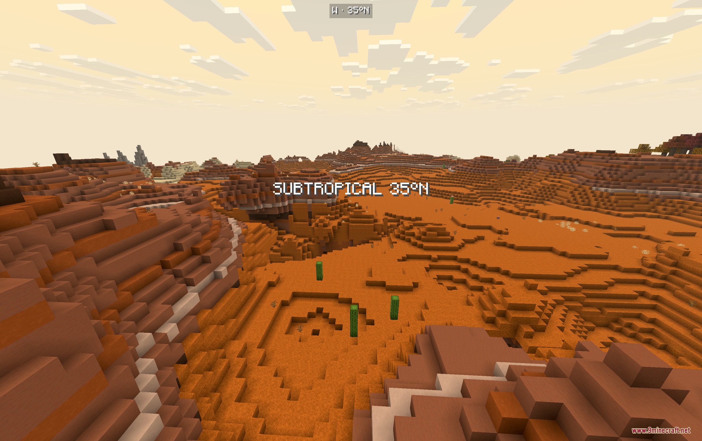 Latitude Mod Screenshot 2 Red sand desert biome with cacti and subtropical latitude text on screen