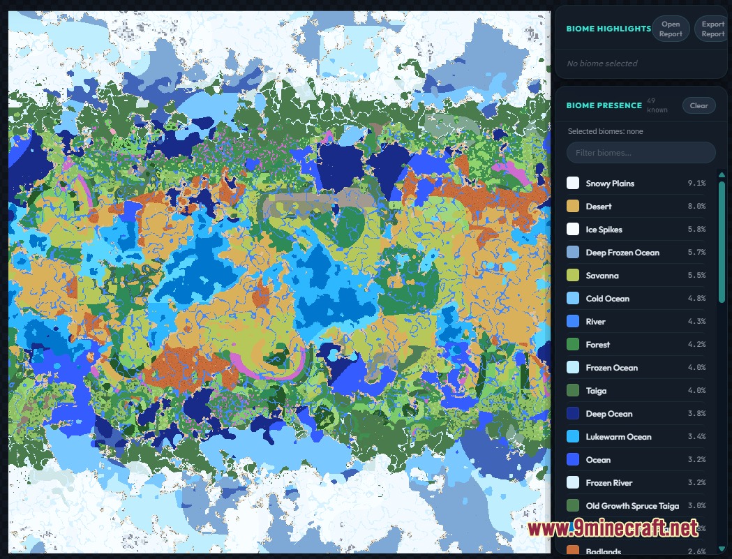 Latitude Mod Screenshot 3 A colorful world map displaying biome distribution and percentage statistics