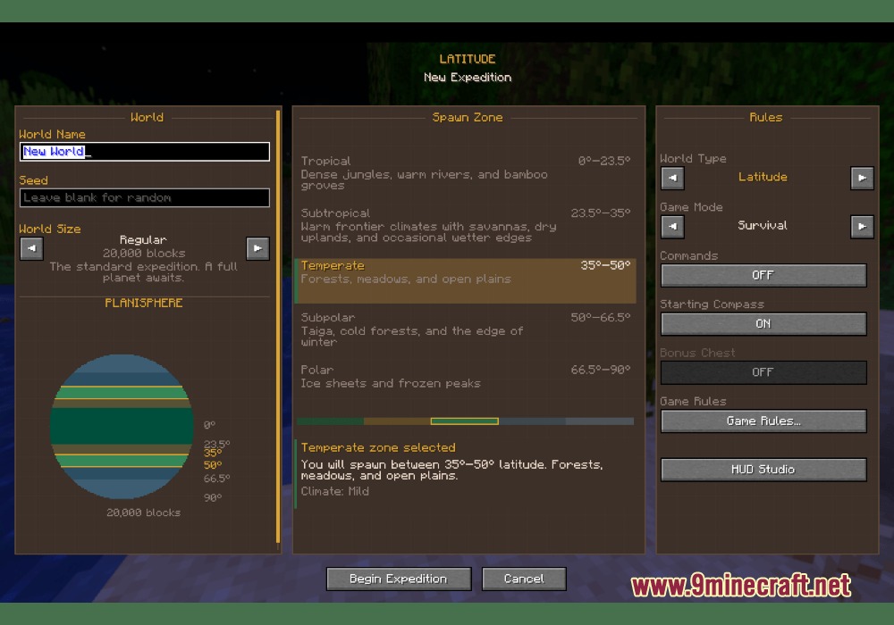Latitude Mod Screenshot 4 The Latitude mod world creation menu for selecting starting climate zones