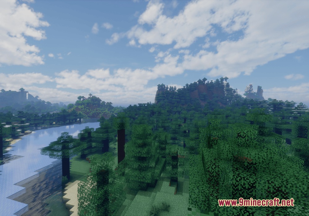 Latitude Mod Screenshot 5 Scenic Minecraft landscape featuring a winding river and lush green mountain forests