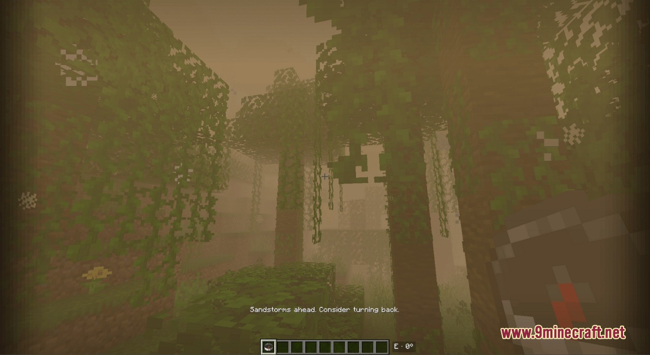 Latitude Mod Screenshot 6 Warning message about sandstorms appearing on screen while exploring a foggy forest