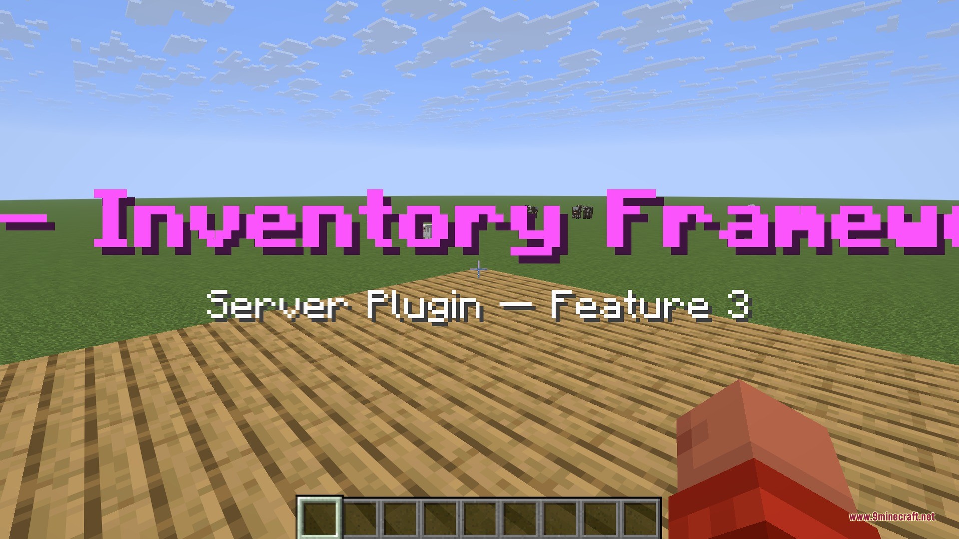 Lattice Pane Logic Plugin Screenshot 3 Minecraft player stands on wooden planks with pink server plugin text overlay