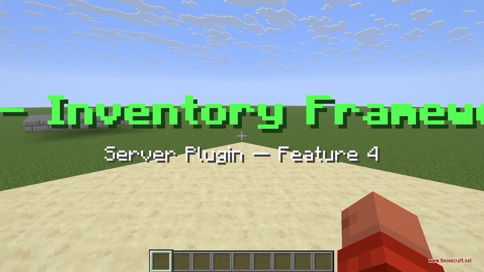 Lattice Pane Logic Plugin Screenshot 4 Minecraft player stands on sand with green server plugin text overlay