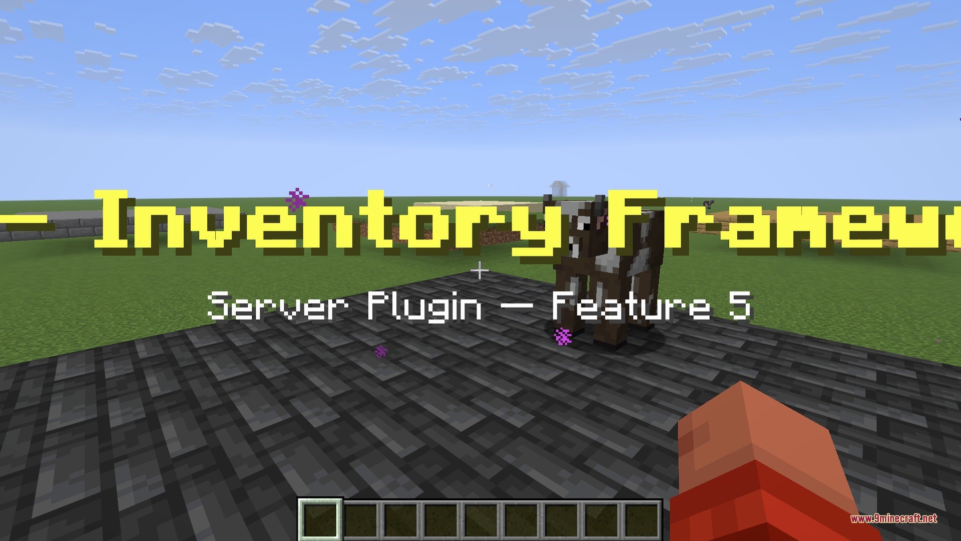 Lattice Pane Logic Plugin Screenshot 5 A cow stands on dark stone tiles showcasing the inventory framework feature five